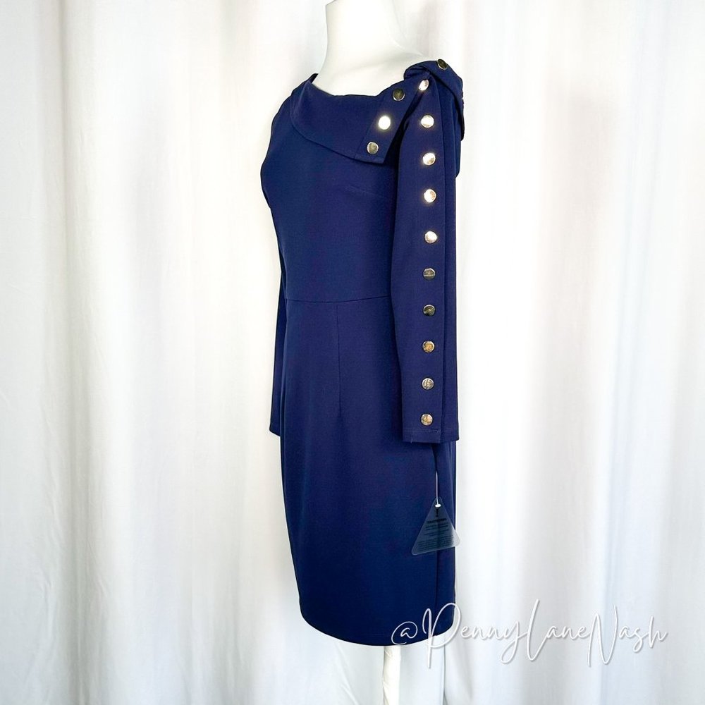 NWT Lumier by Bariano Asymmetric Gold Button Cocktail Dress Navy - Picture 4 of 12